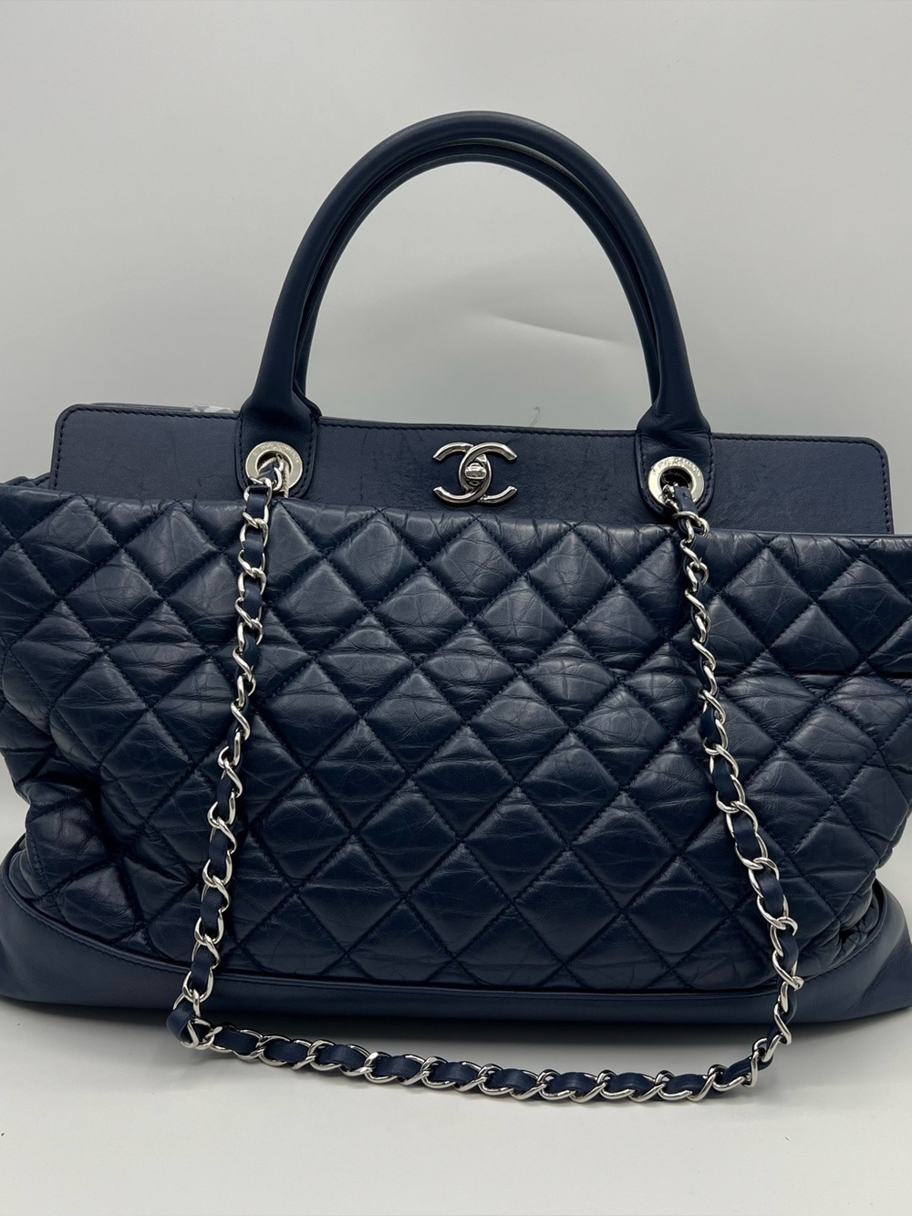 Chanel Executive Tote in navy blue crinkled glazed calfskin silver-tone hardware